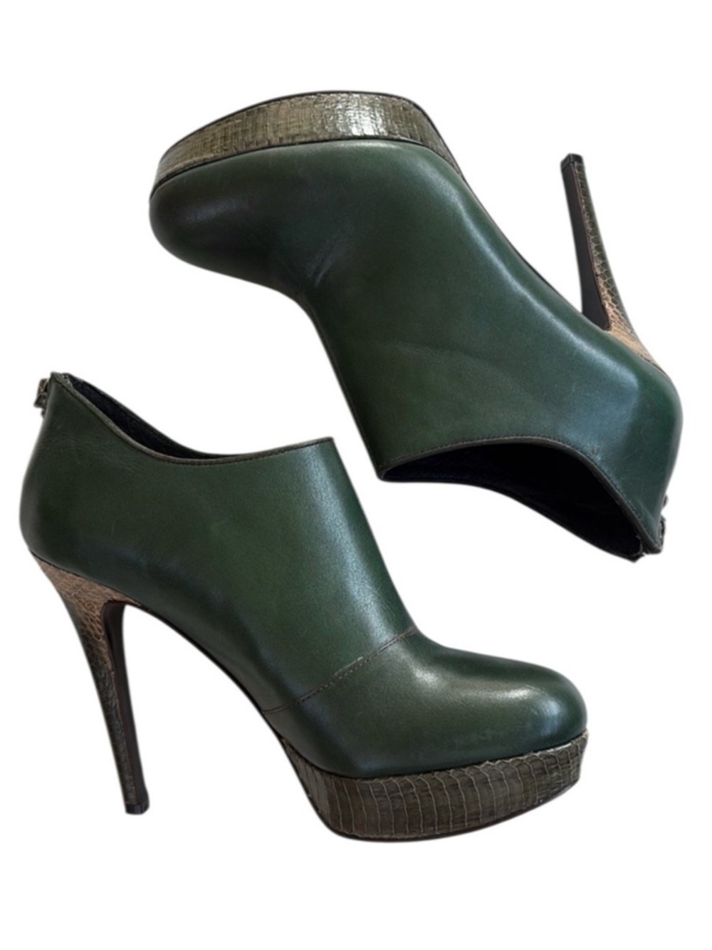 Like New House of Harlow 1960 Leather Heeled Booties Green / Snakeskin Size 8
